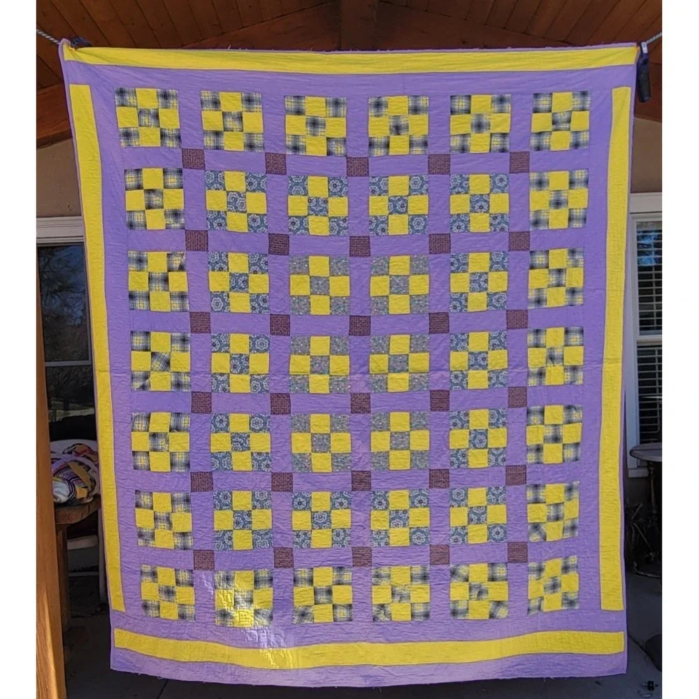 Handmade Nine Patch‎ Quilt Purple Yellow Full Queen Cottage Farmhouse 86 x 74